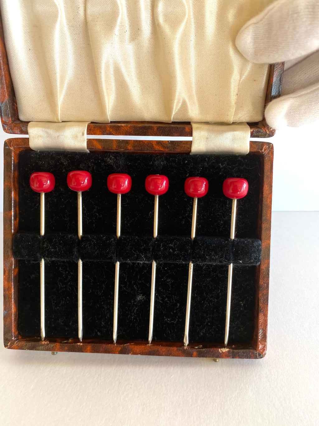 Bakelite Cherry Cocktail Picks (in original box), 1940s