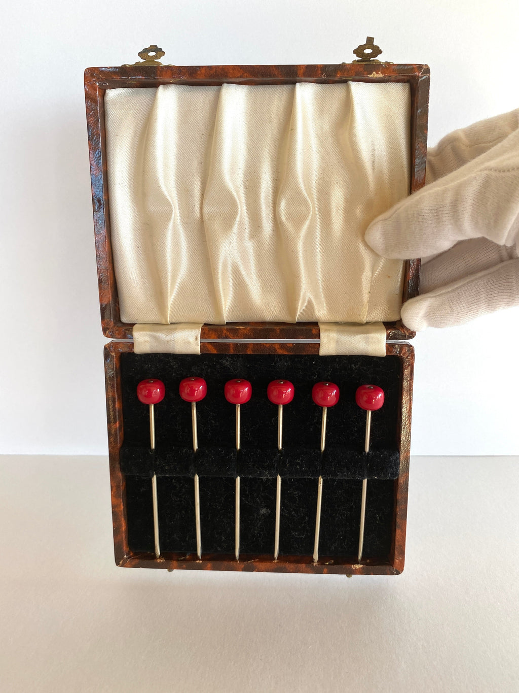 Bakelite Cherry Cocktail Picks (in original box), 1940s