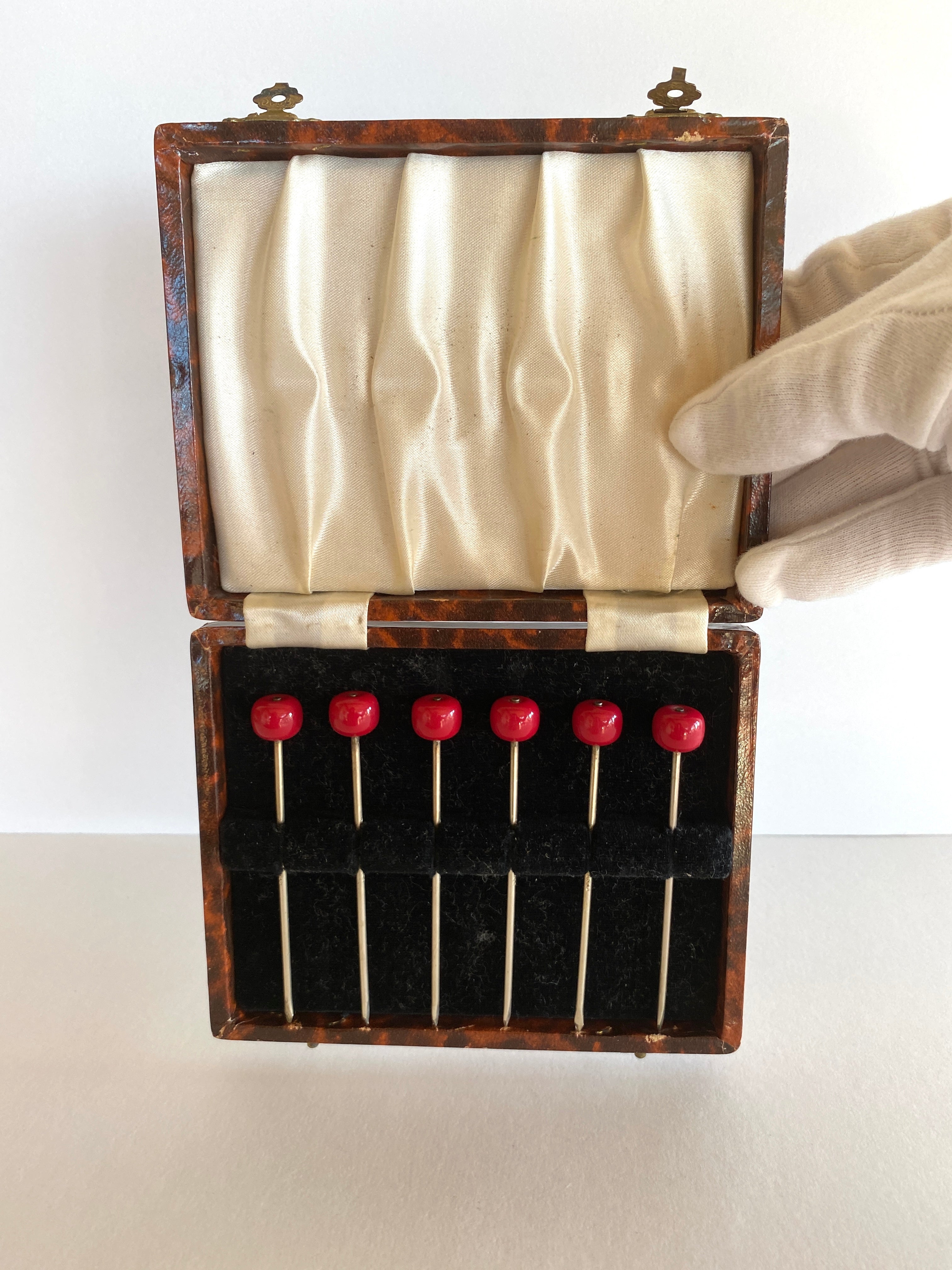 Bakelite Cherry Cocktail Picks (in original box), 1940s
