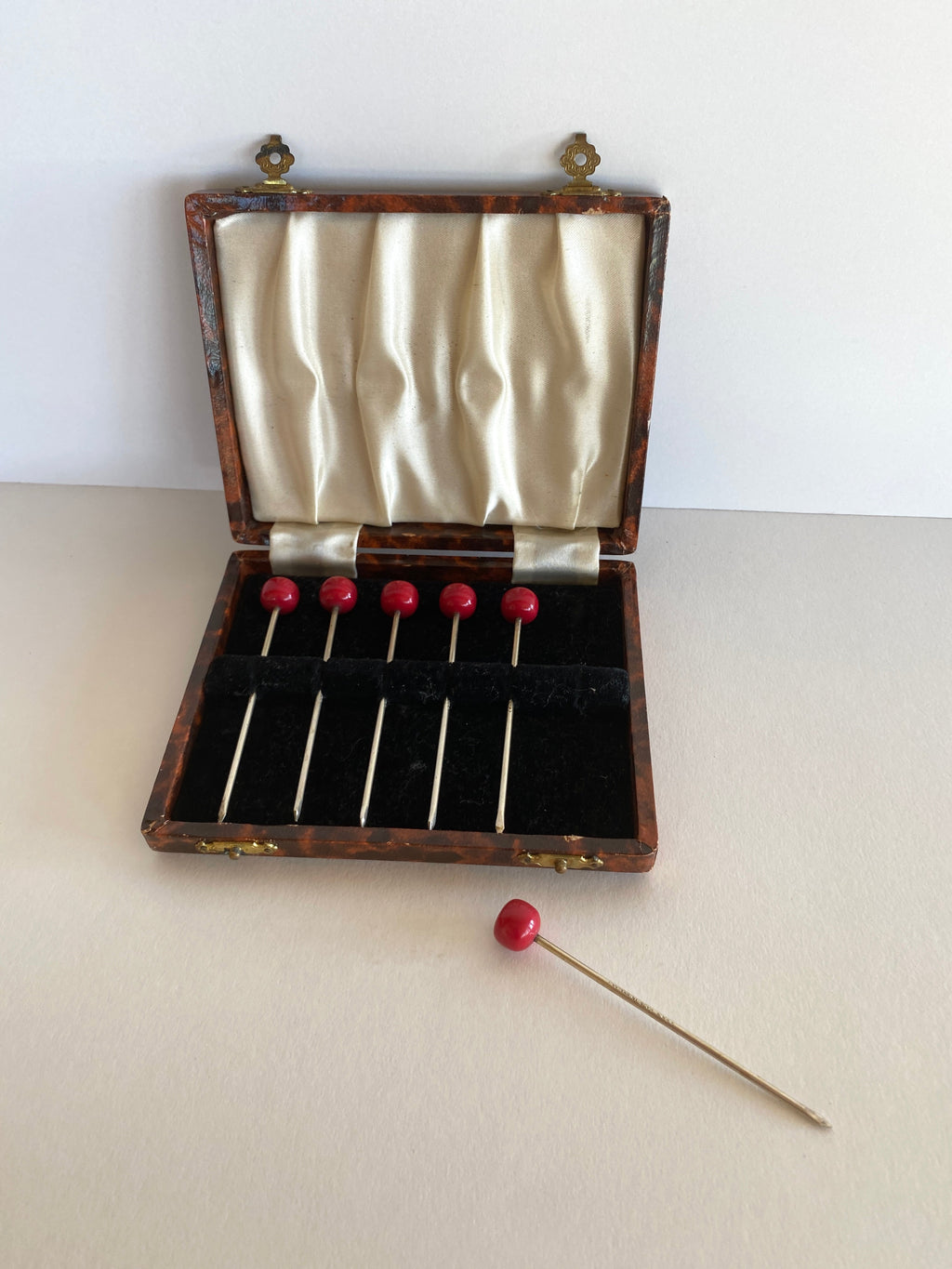 Bakelite Cherry Cocktail Picks (in original box), 1940s