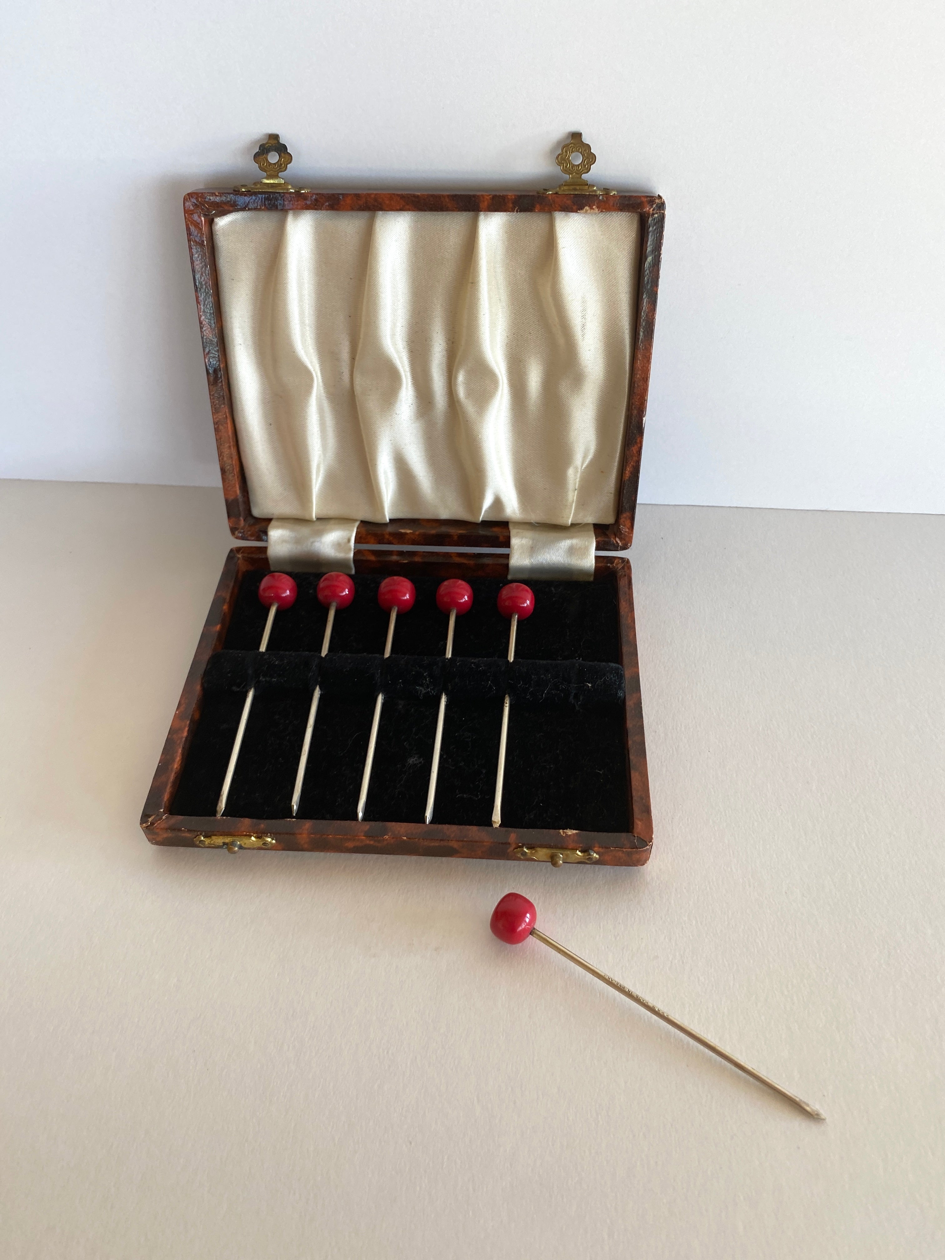 Bakelite Cherry Cocktail Picks (in original box), 1940s