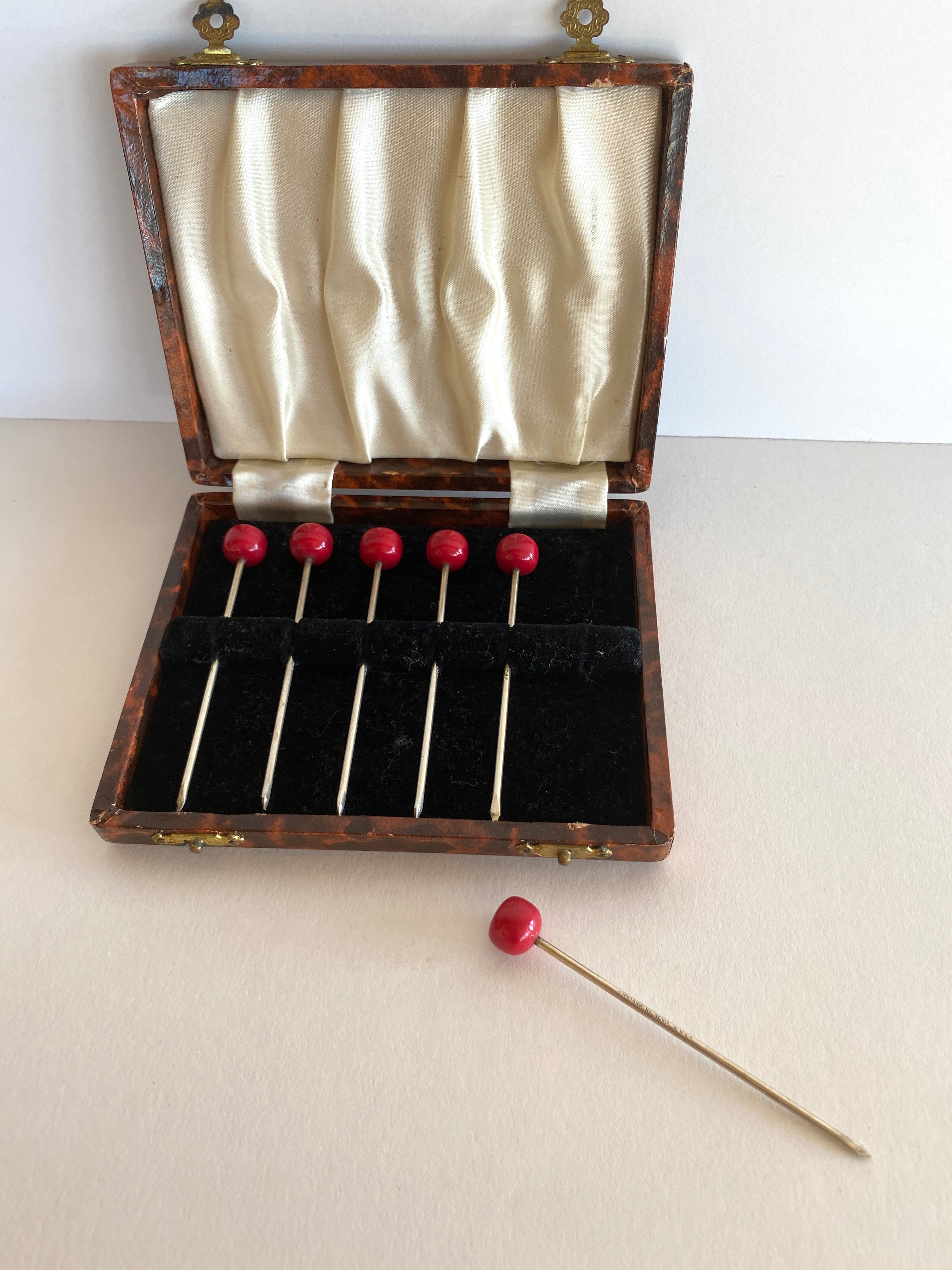 Bakelite Cherry Cocktail Picks (in original box), 1940s
