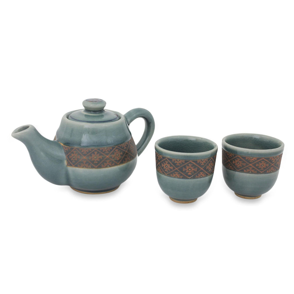 Blue Celadon Tea Set Handmade in Thailand (Set for 2) - Thai Weave Inspiration