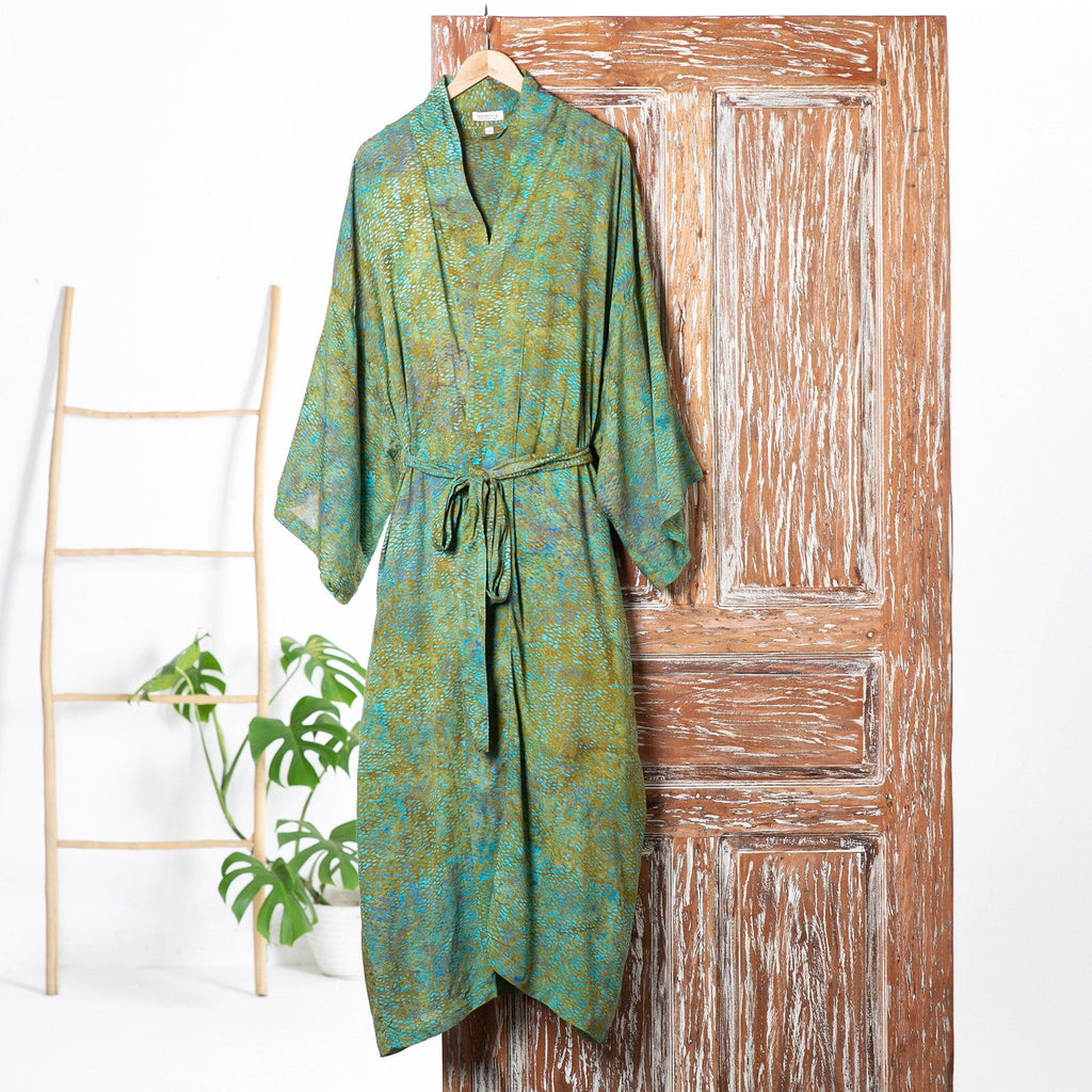 Men's Patterned Batik Rayon Robe in Green Turquoise & Brown - Greenery