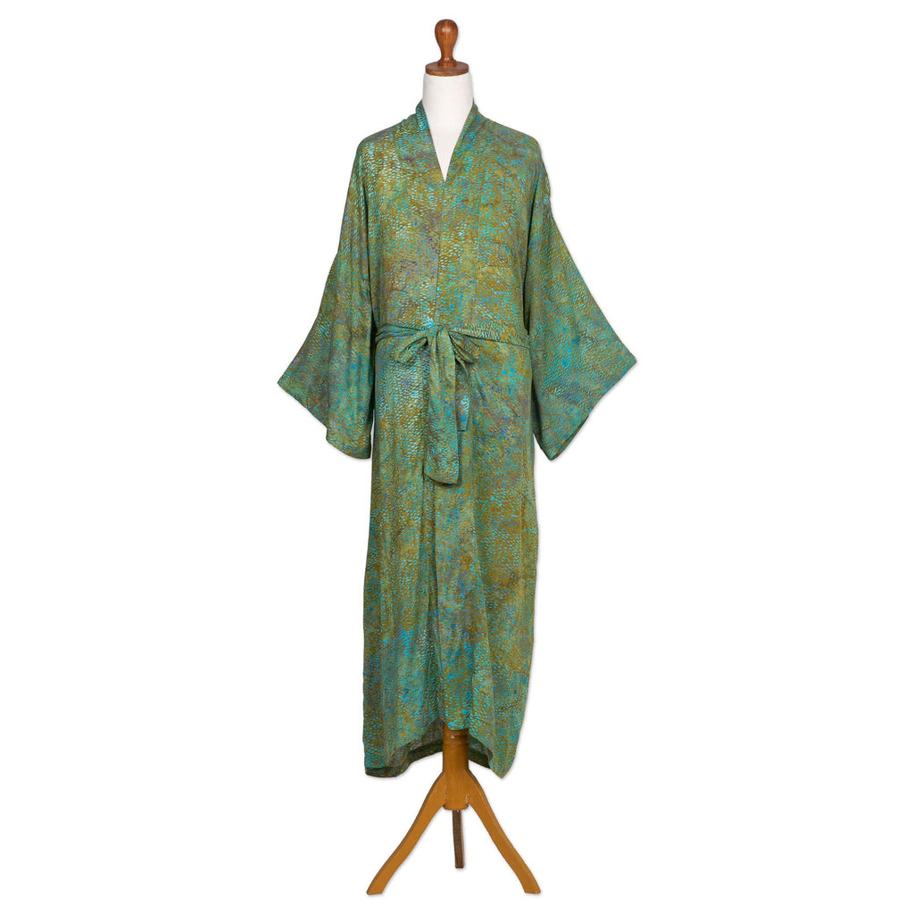 Men's Patterned Batik Rayon Robe in Green Turquoise & Brown - Greenery
