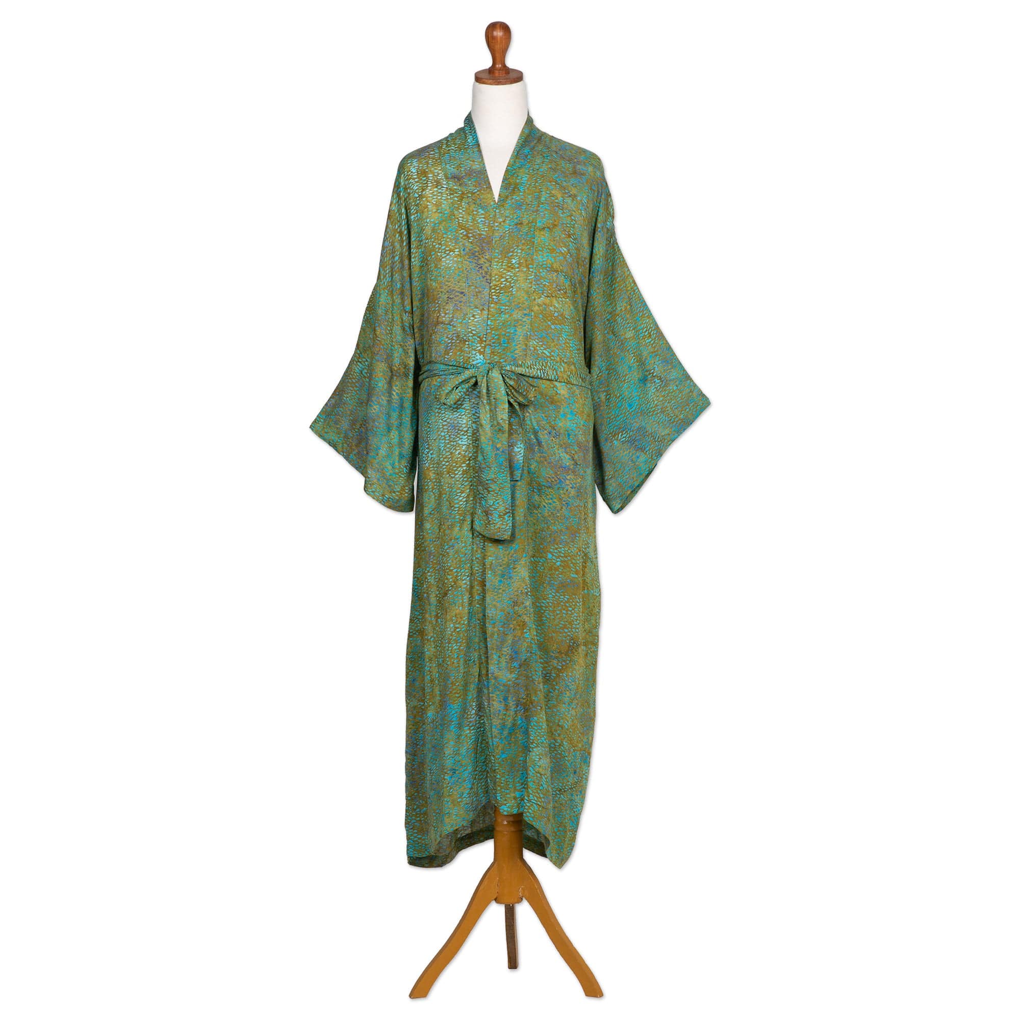 Men's Patterned Batik Rayon Robe in Green Turquoise & Brown - Greenery