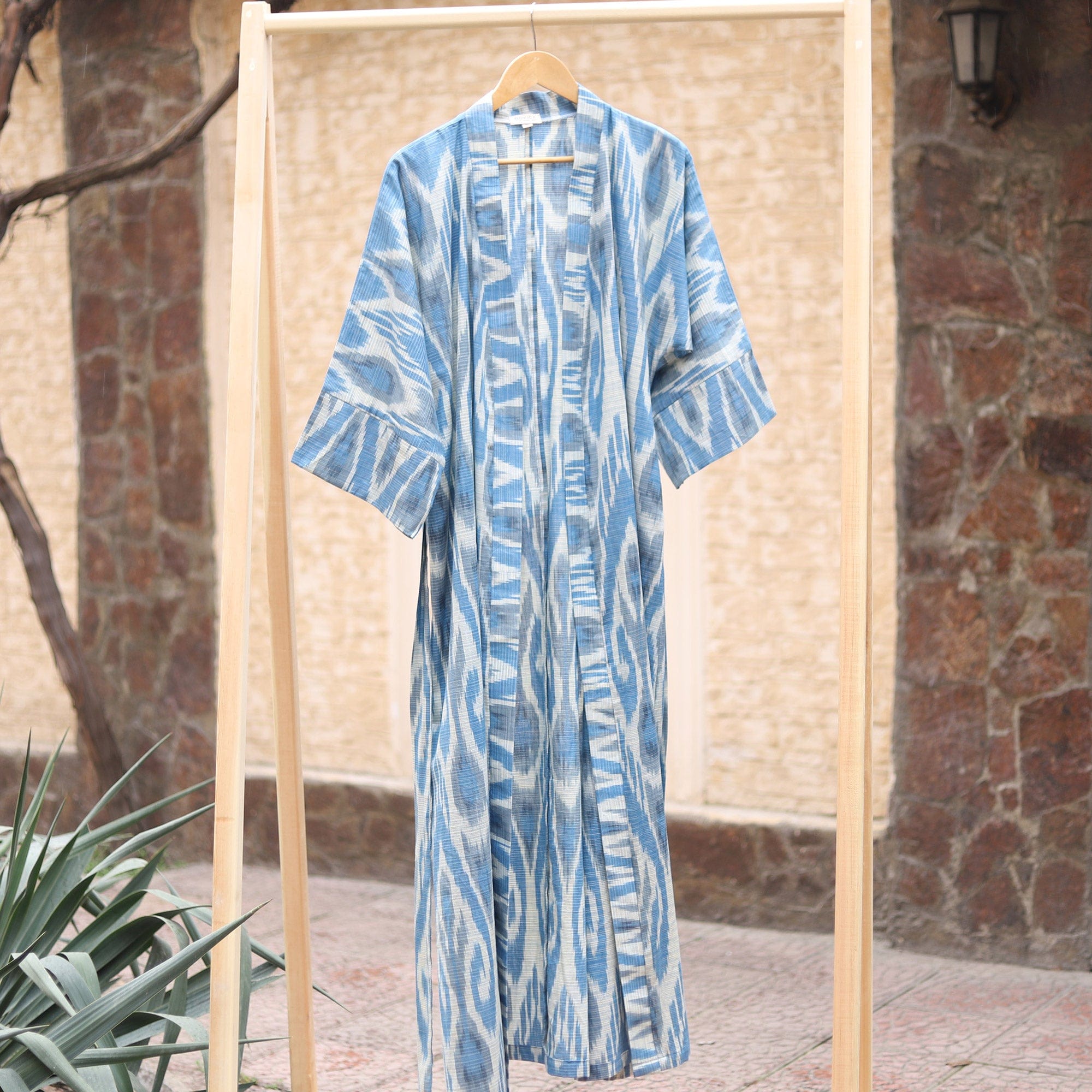 Handwoven Ikat Cotton Robe in Blue White and Grey Hues - Samarkand Days