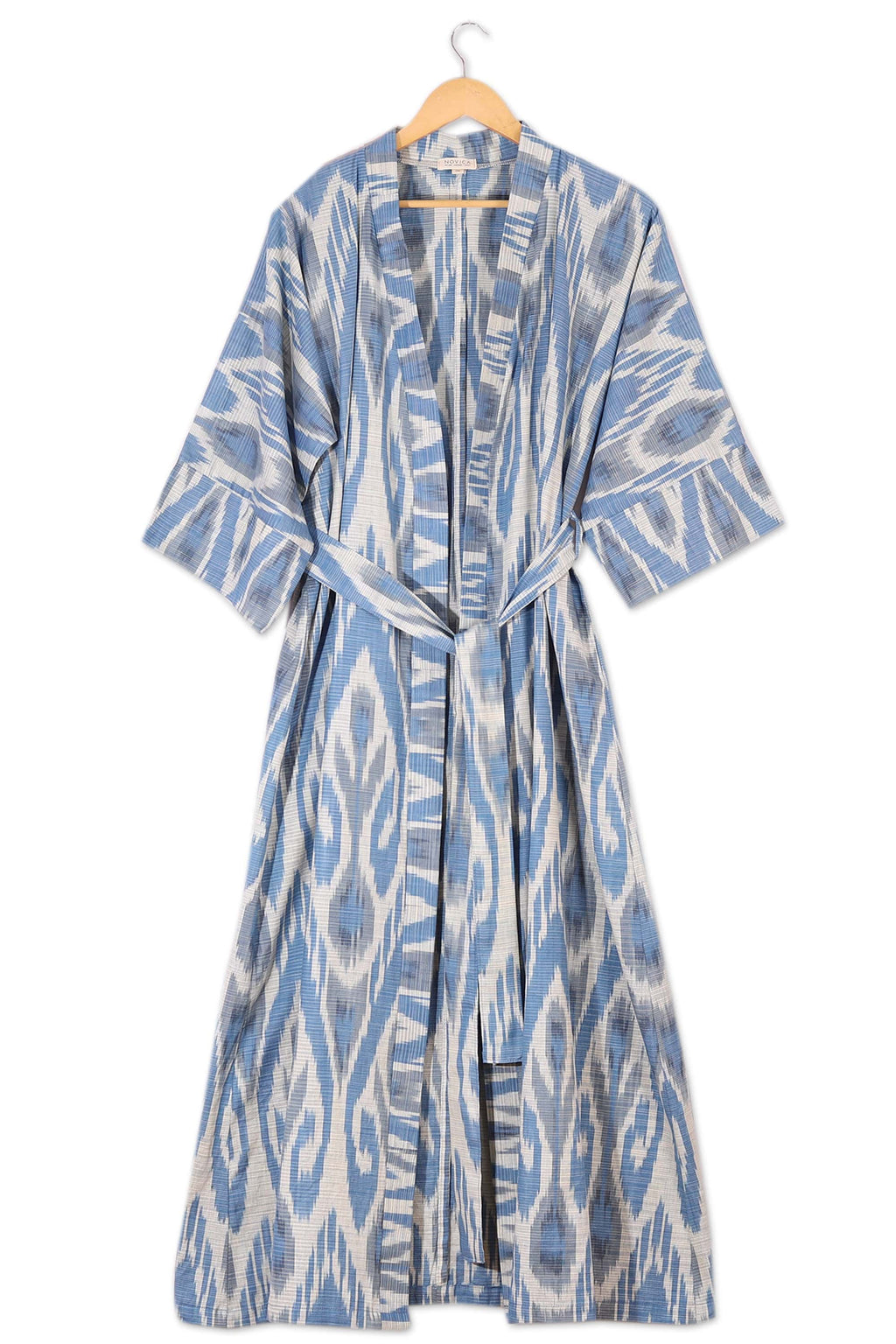 Handwoven Ikat Cotton Robe in Blue White and Grey Hues - Samarkand Days
