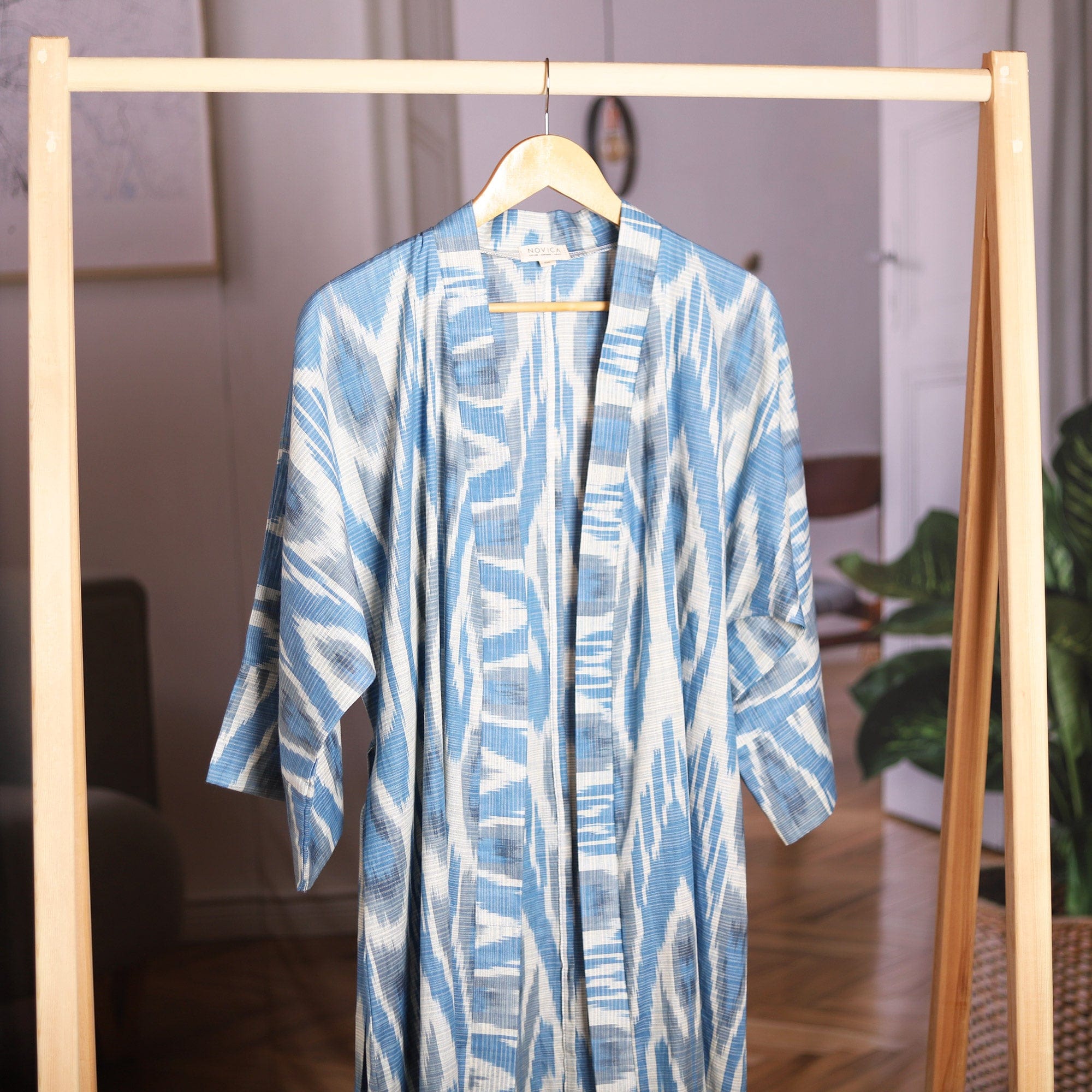 Handwoven Ikat Cotton Robe in Blue White and Grey Hues - Samarkand Days