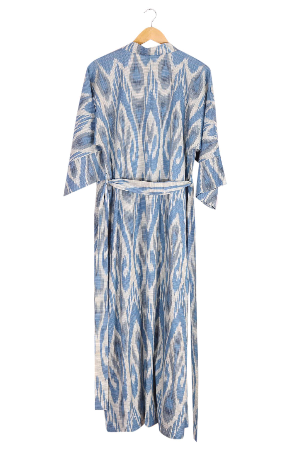 Handwoven Ikat Cotton Robe in Blue White and Grey Hues - Samarkand Days