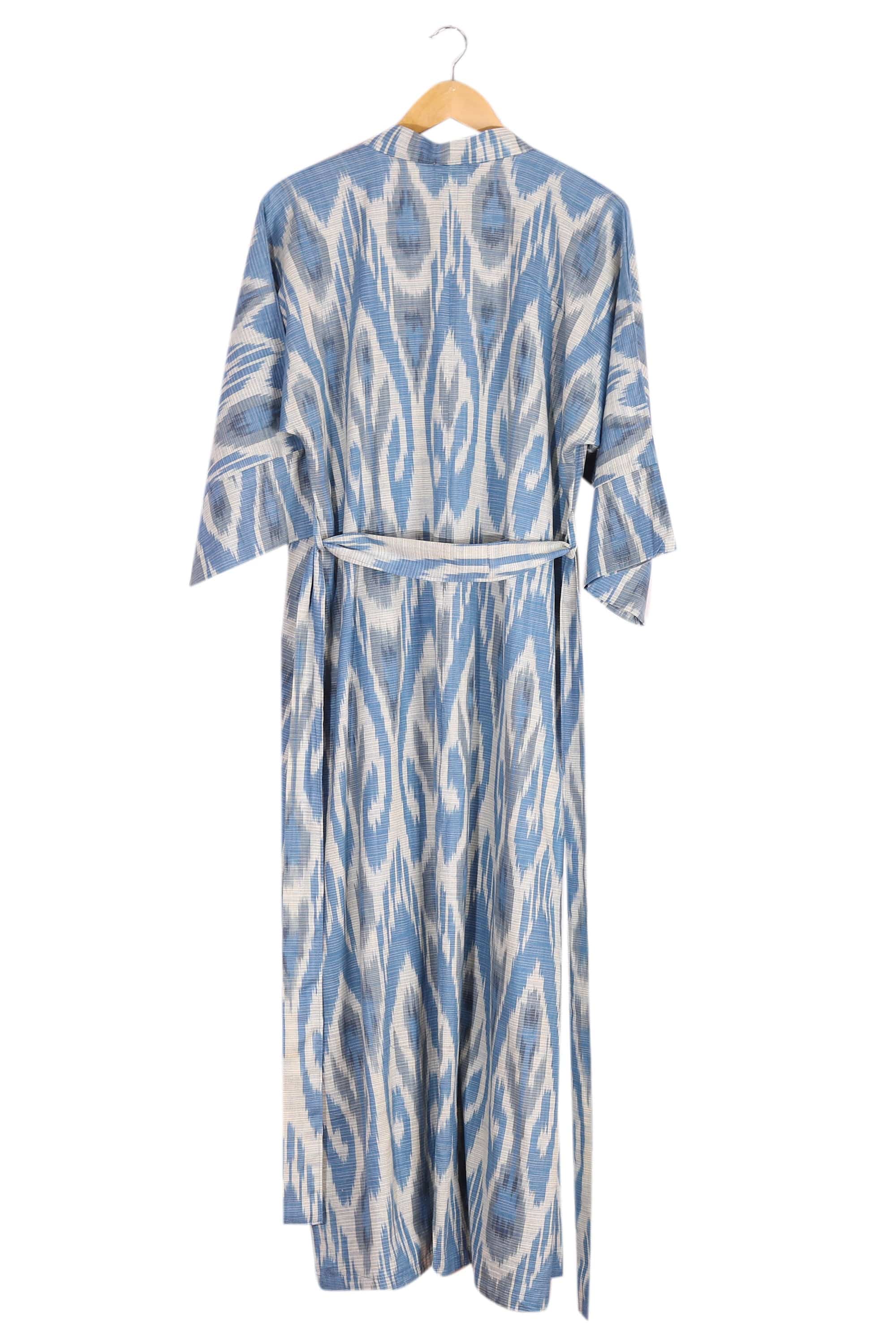 Handwoven Ikat Cotton Robe in Blue White and Grey Hues - Samarkand Days