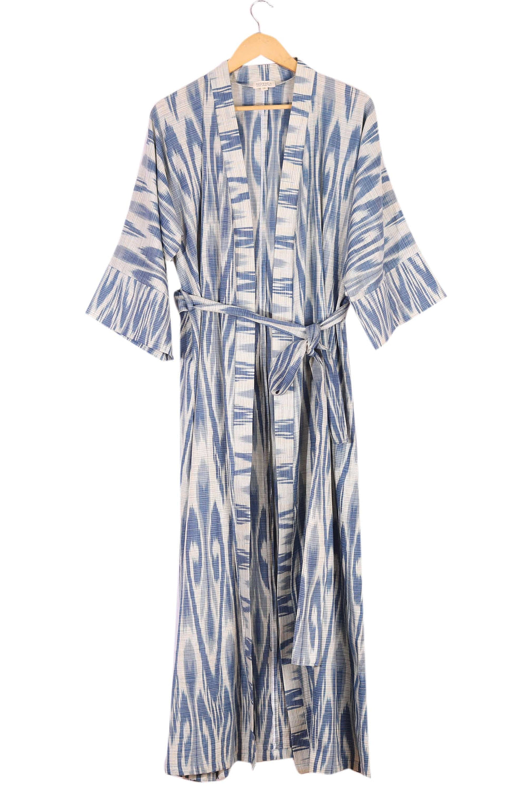 Handwoven 100% Cotton Robe with Blue and White Ikat Patterns - Samarkand Splendor