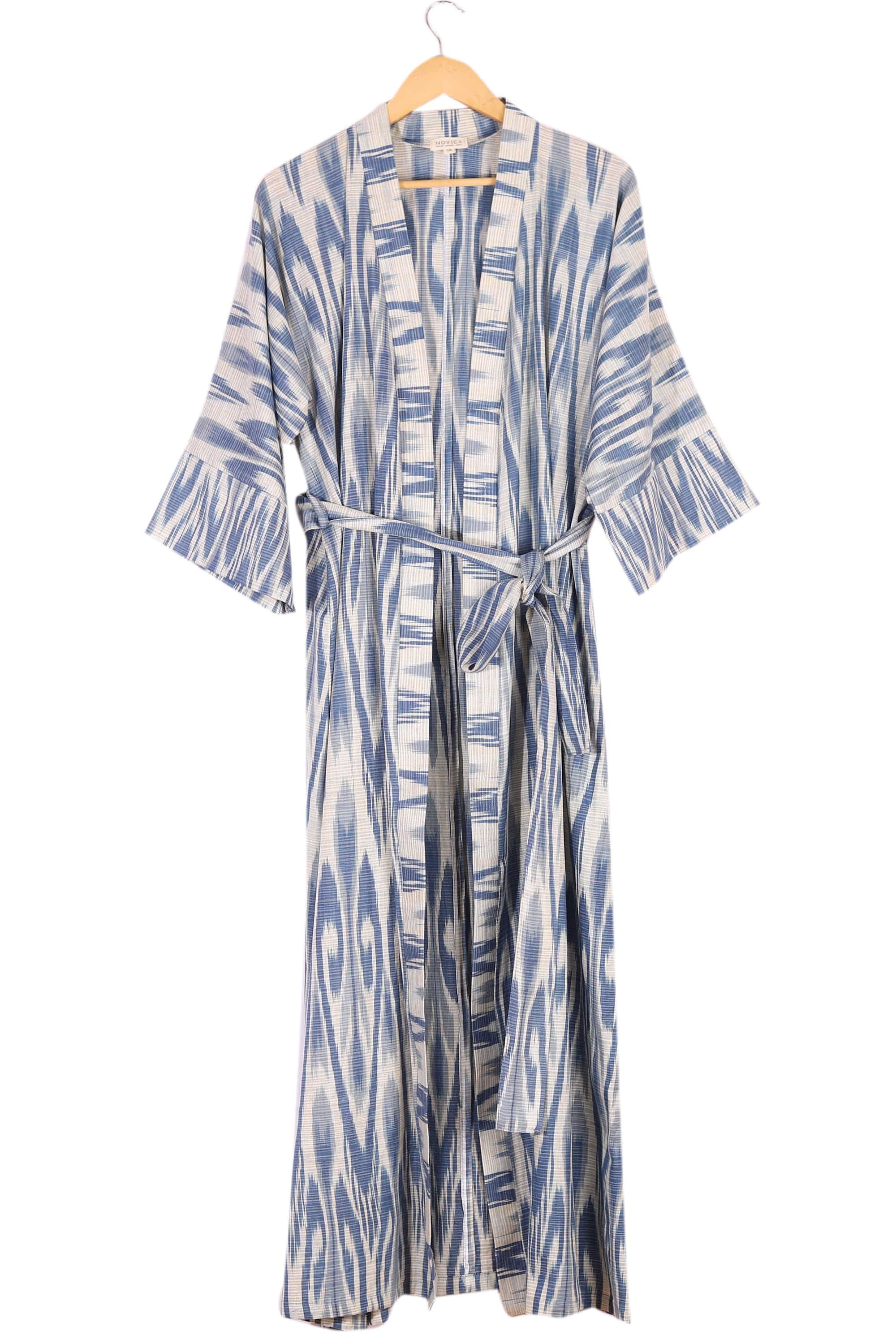 Handwoven 100% Cotton Robe with Blue and White Ikat Patterns - Samarkand Splendor