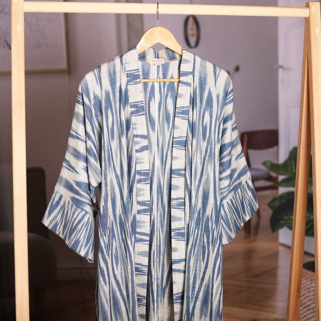 Handwoven 100% Cotton Robe with Blue and White Ikat Patterns - Samarkand Splendor