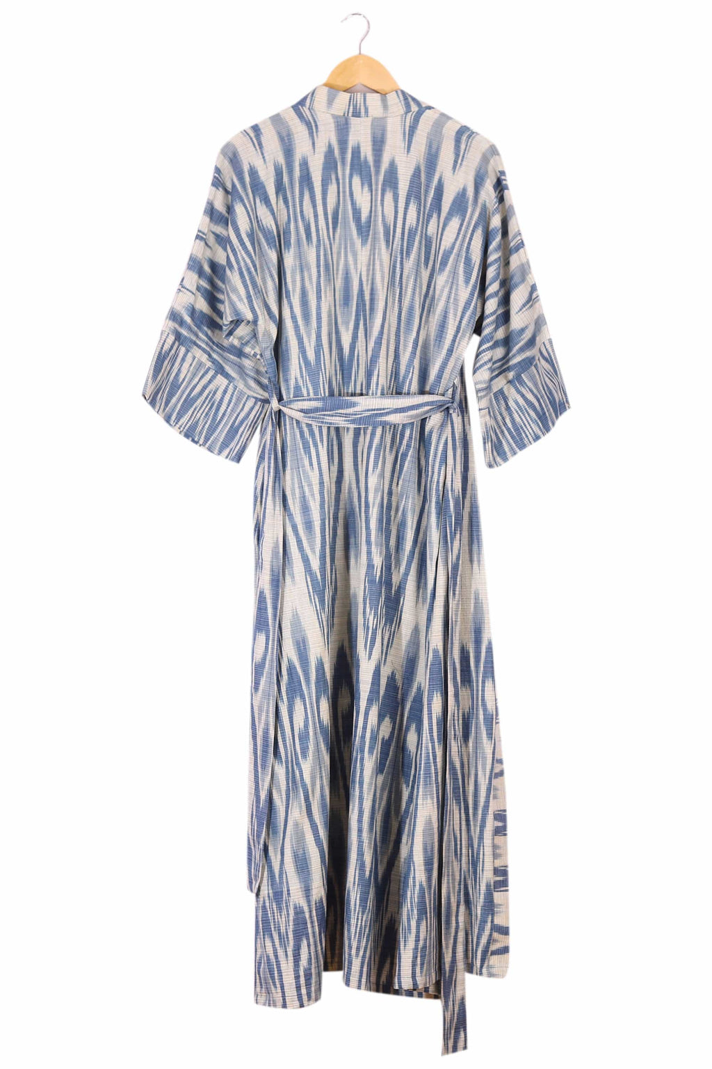 Handwoven 100% Cotton Robe with Blue and White Ikat Patterns - Samarkand Splendor