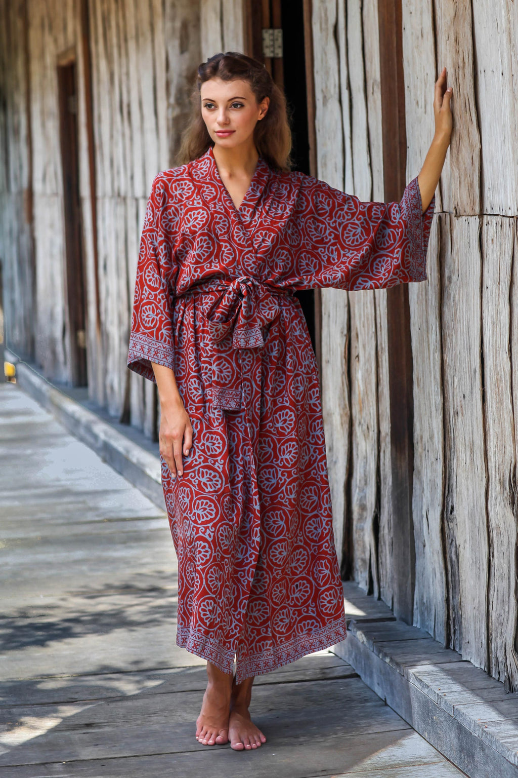 Women's Grey and Burgundy Hand Stamped Batik Belted  Robe - Morning Aster
