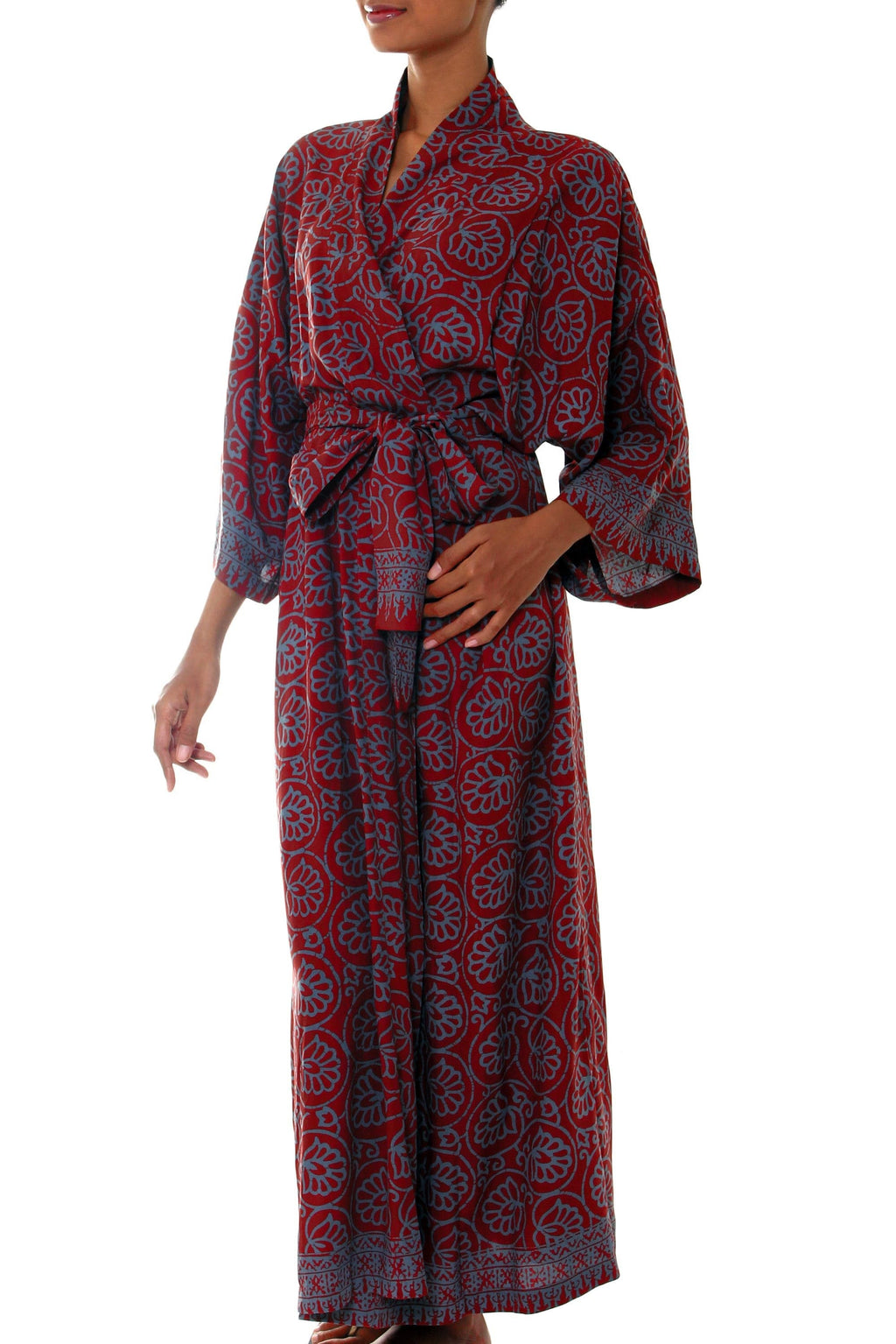 Women's Grey and Burgundy Hand Stamped Batik Belted  Robe - Morning Aster