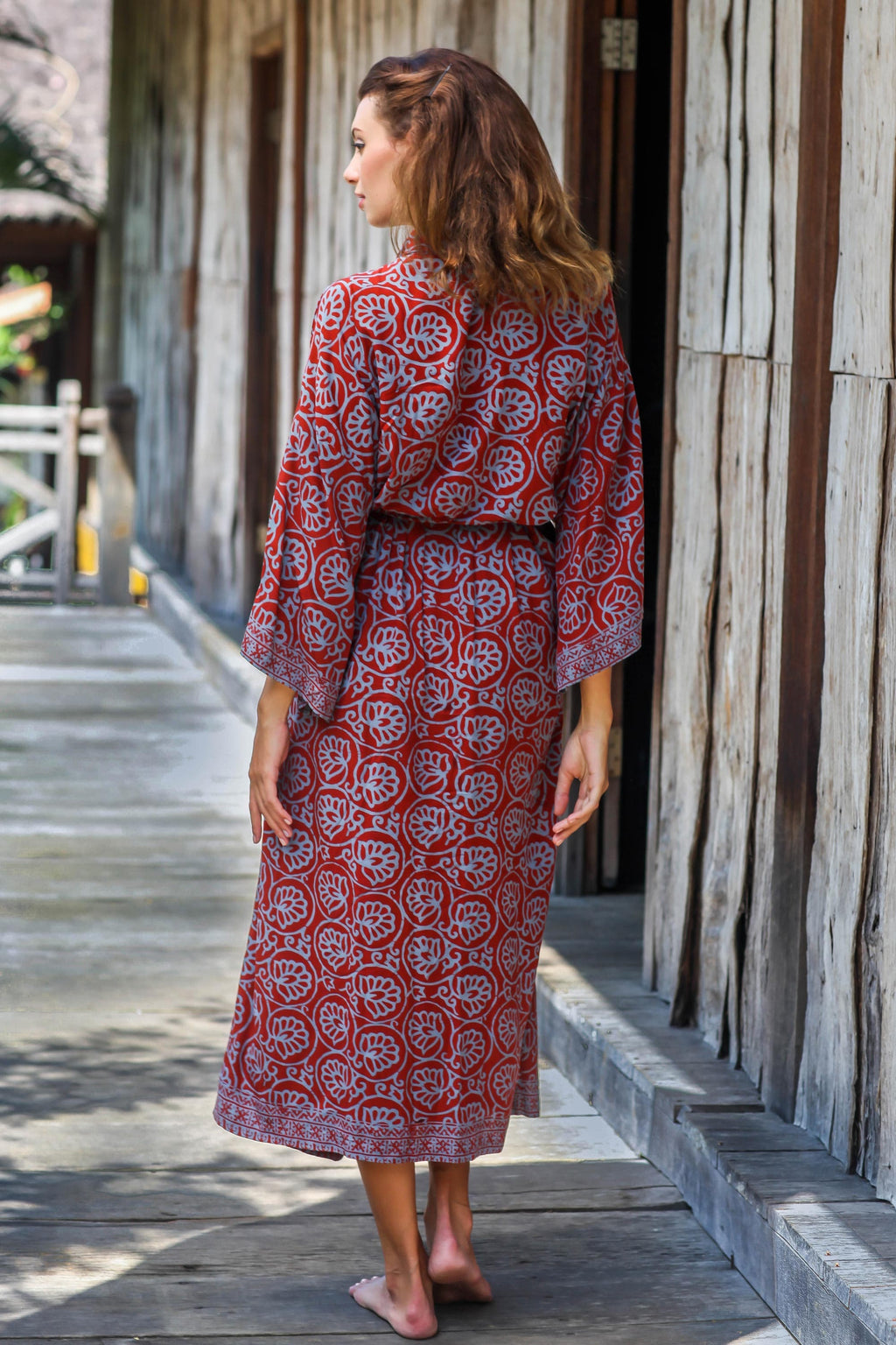 Women's Grey and Burgundy Hand Stamped Batik Belted  Robe - Morning Aster