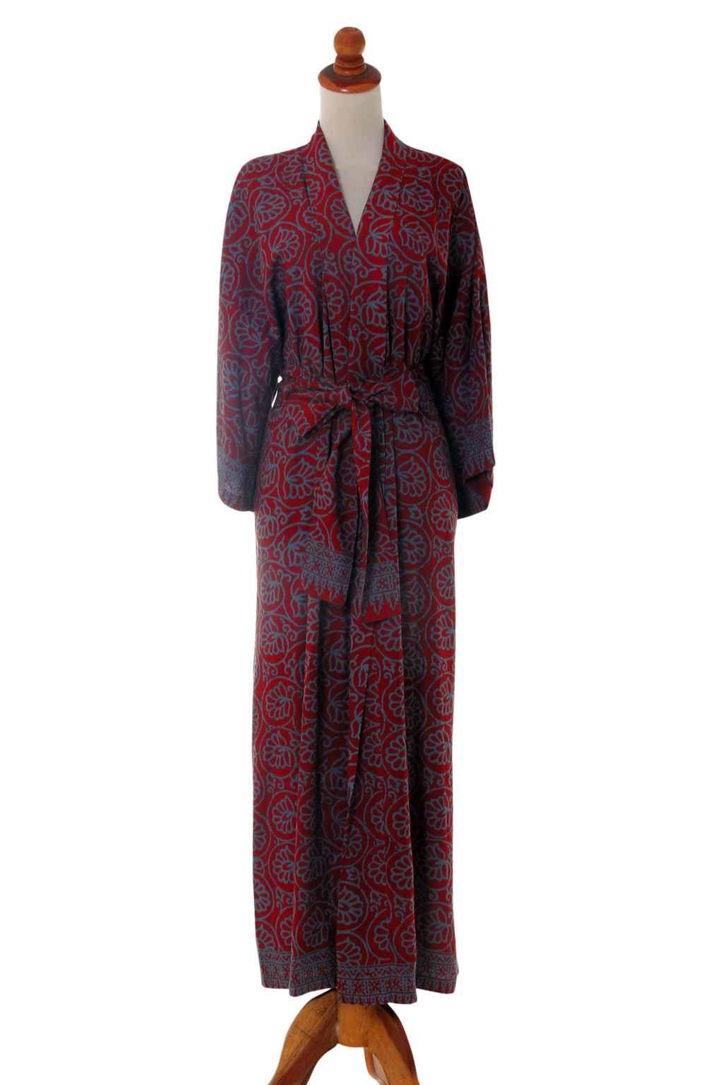 Women's Grey and Burgundy Hand Stamped Batik Belted  Robe - Morning Aster