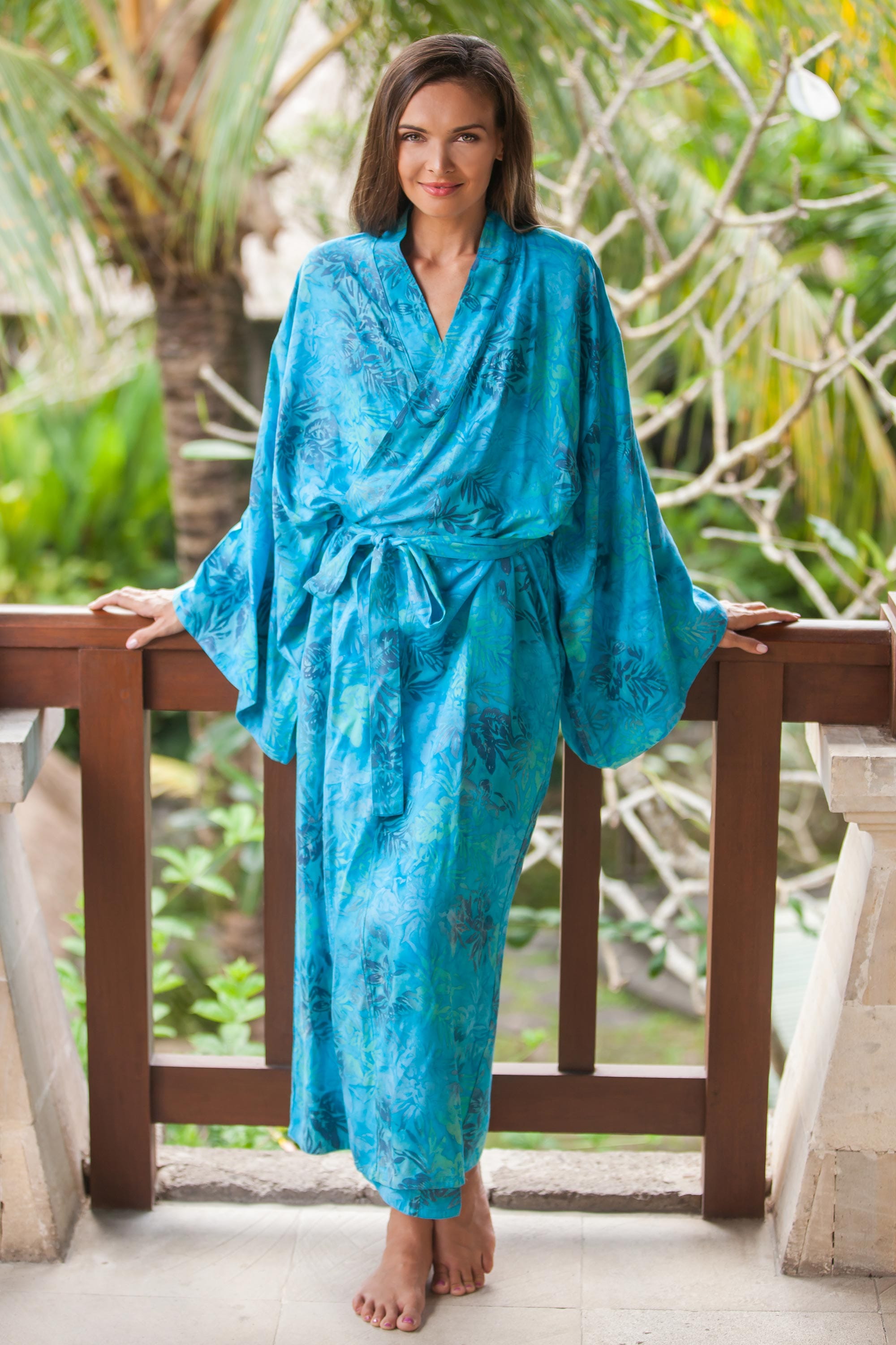 Blue and Green Rayon Morning Garden Batik Long Sleeved Robe - Daylight Eden