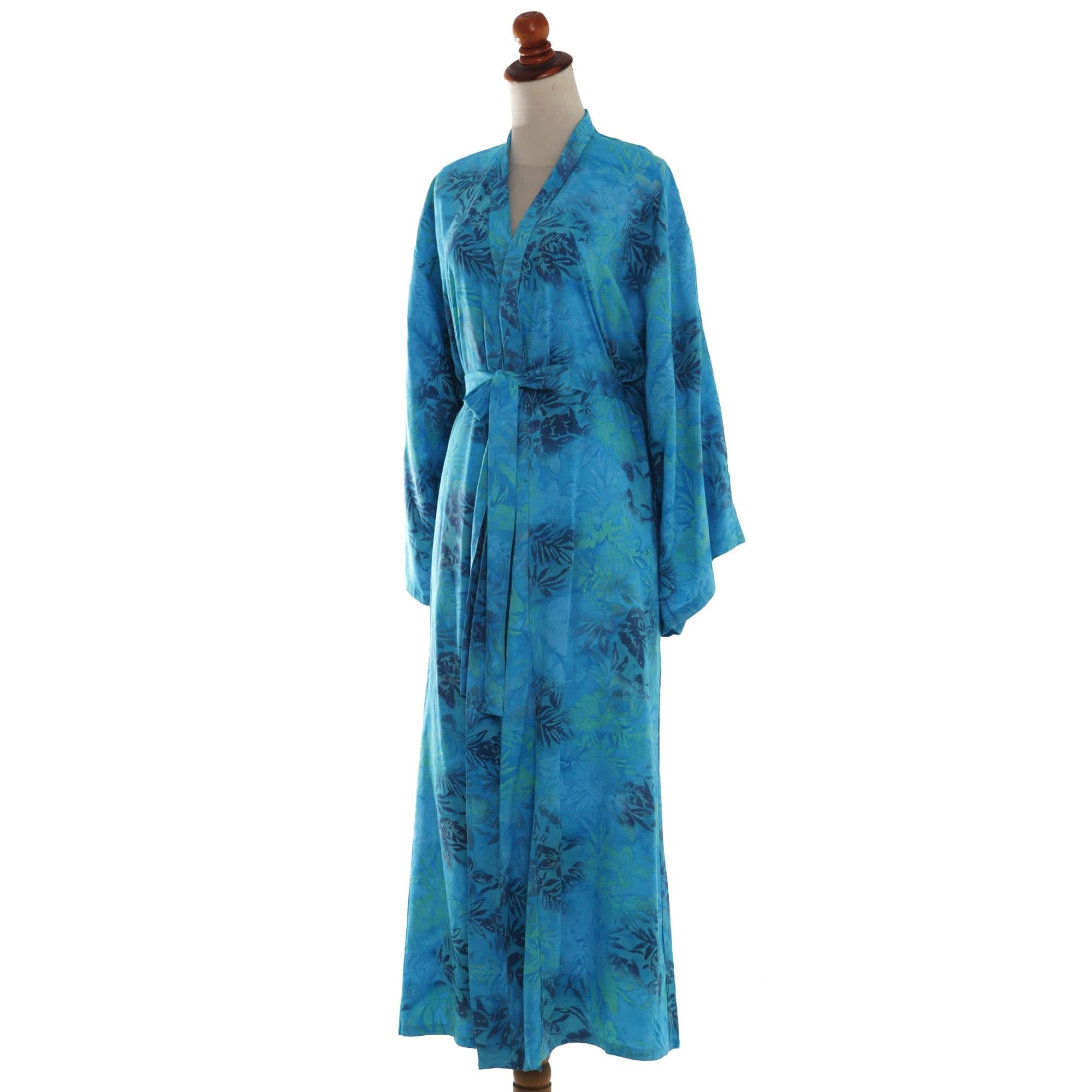 Blue and Green Rayon Morning Garden Batik Long Sleeved Robe - Daylight Eden