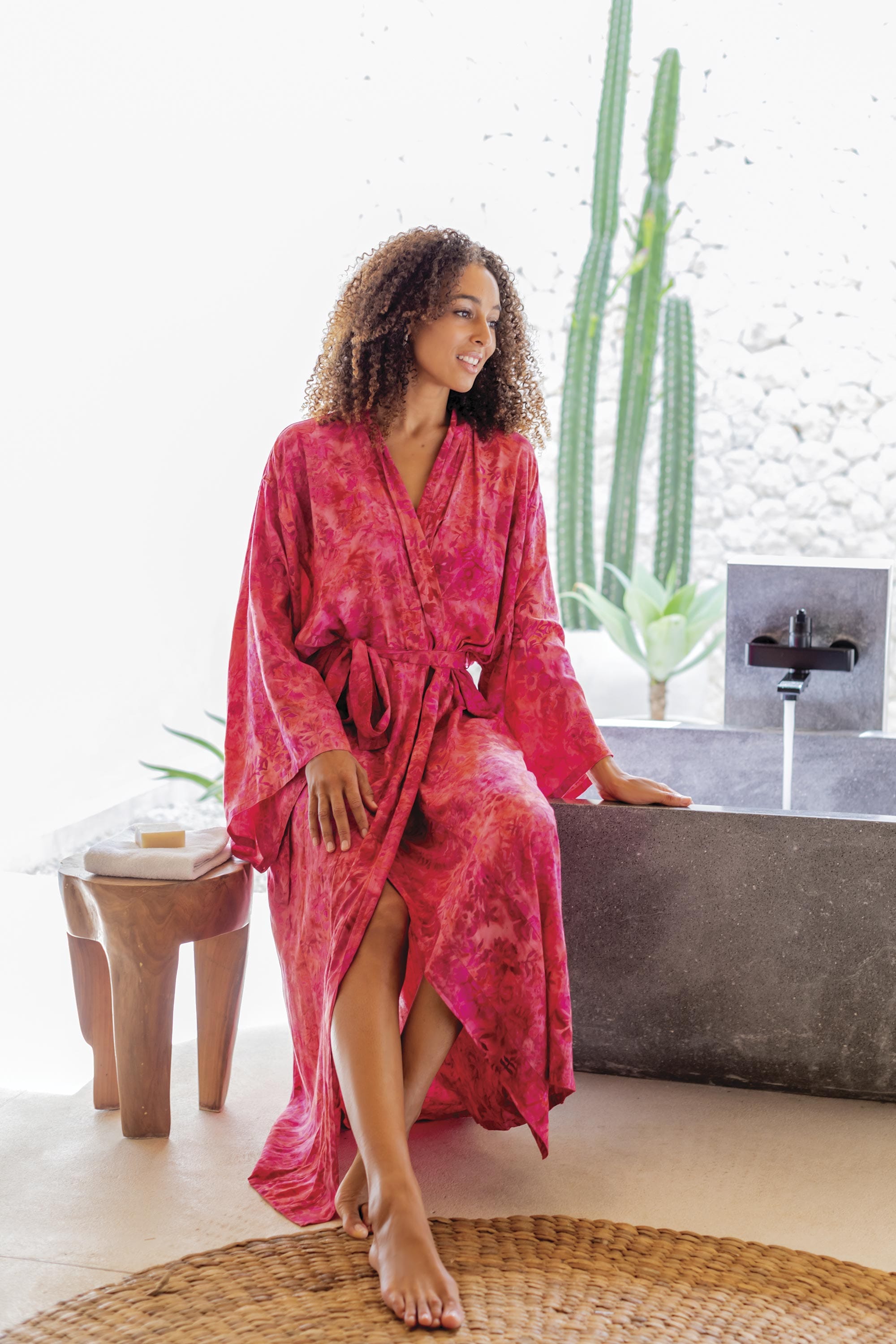 Batik Rayon Robe in Rose and Berry Pink - Batik Blush