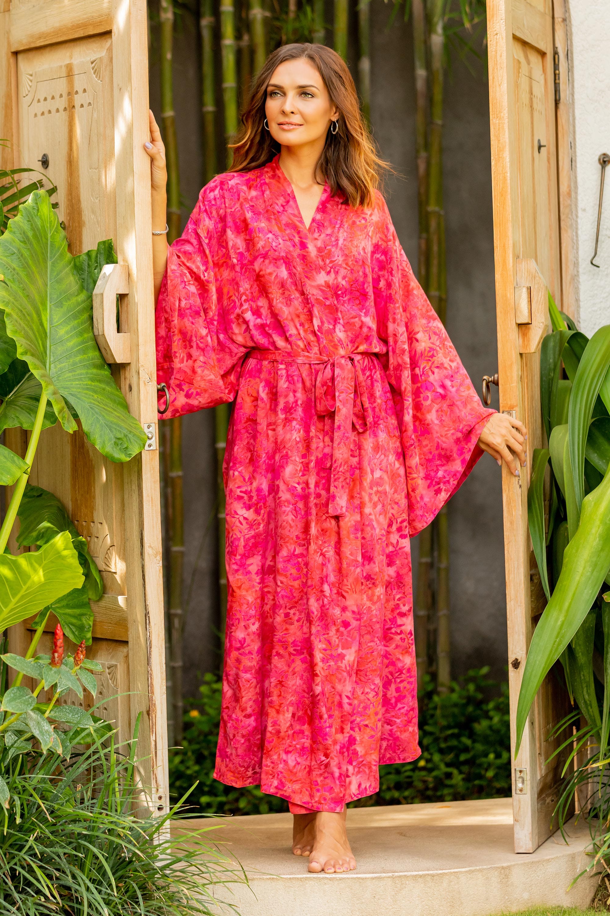 Batik Rayon Robe in Rose and Berry Pink - Batik Blush
