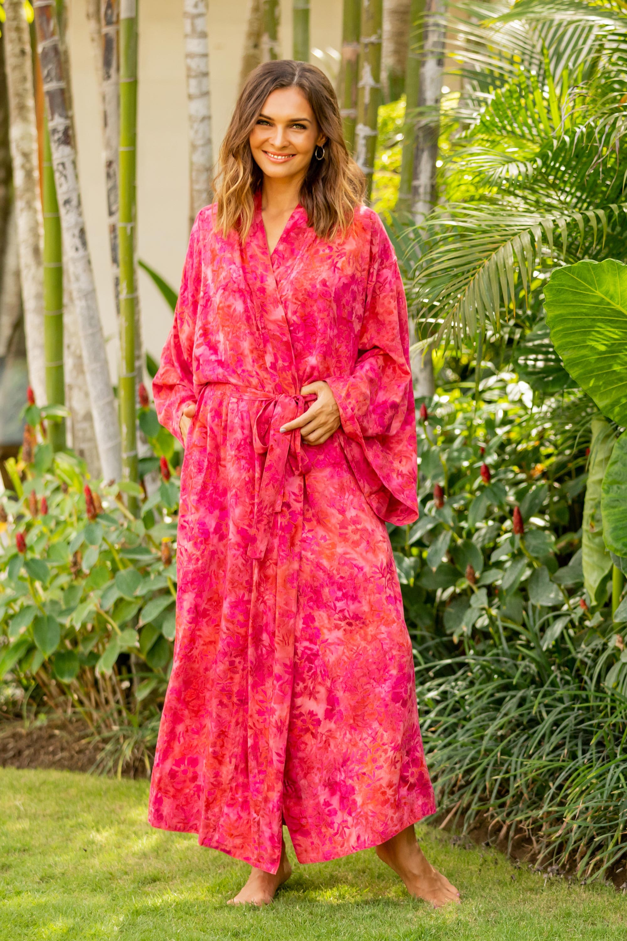 Batik Rayon Robe in Rose and Berry Pink - Batik Blush