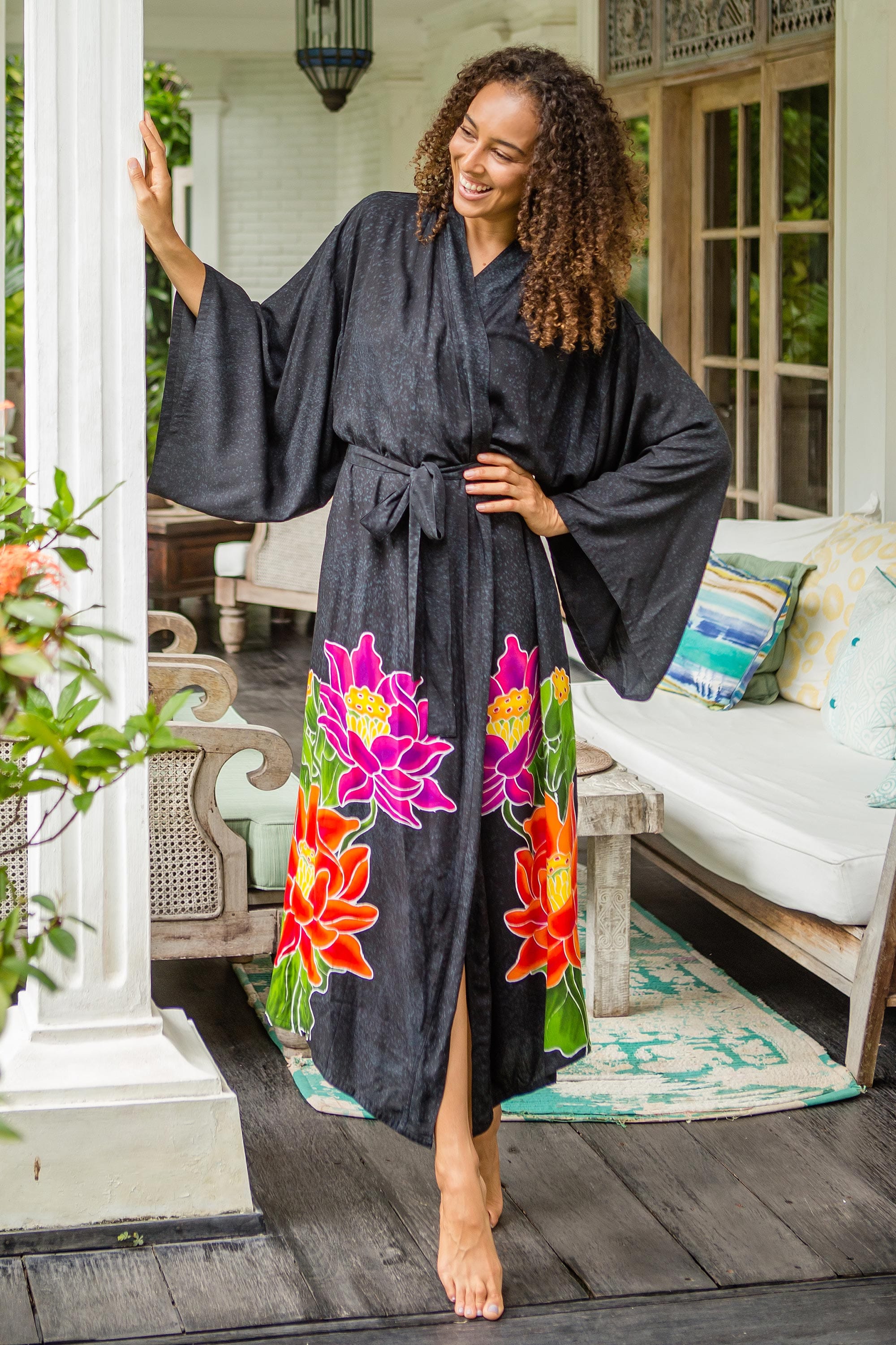 Rayon Robe - Beautiful Flowers in Grey