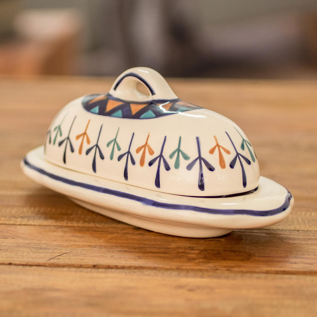 Ceramic Hand Painted Butter Dish with Geometric Design - Antigua Breeze