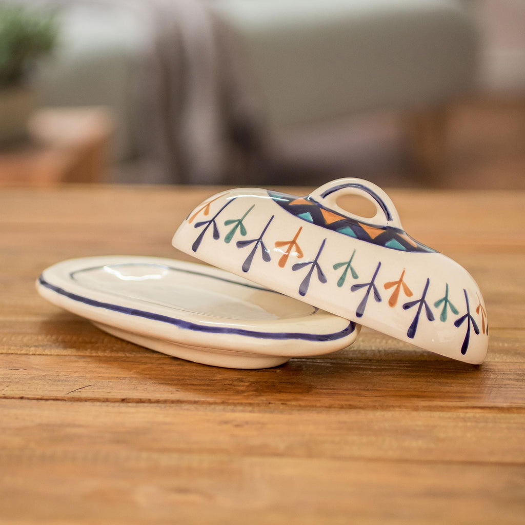 Ceramic Hand Painted Butter Dish with Geometric Design - Antigua Breeze