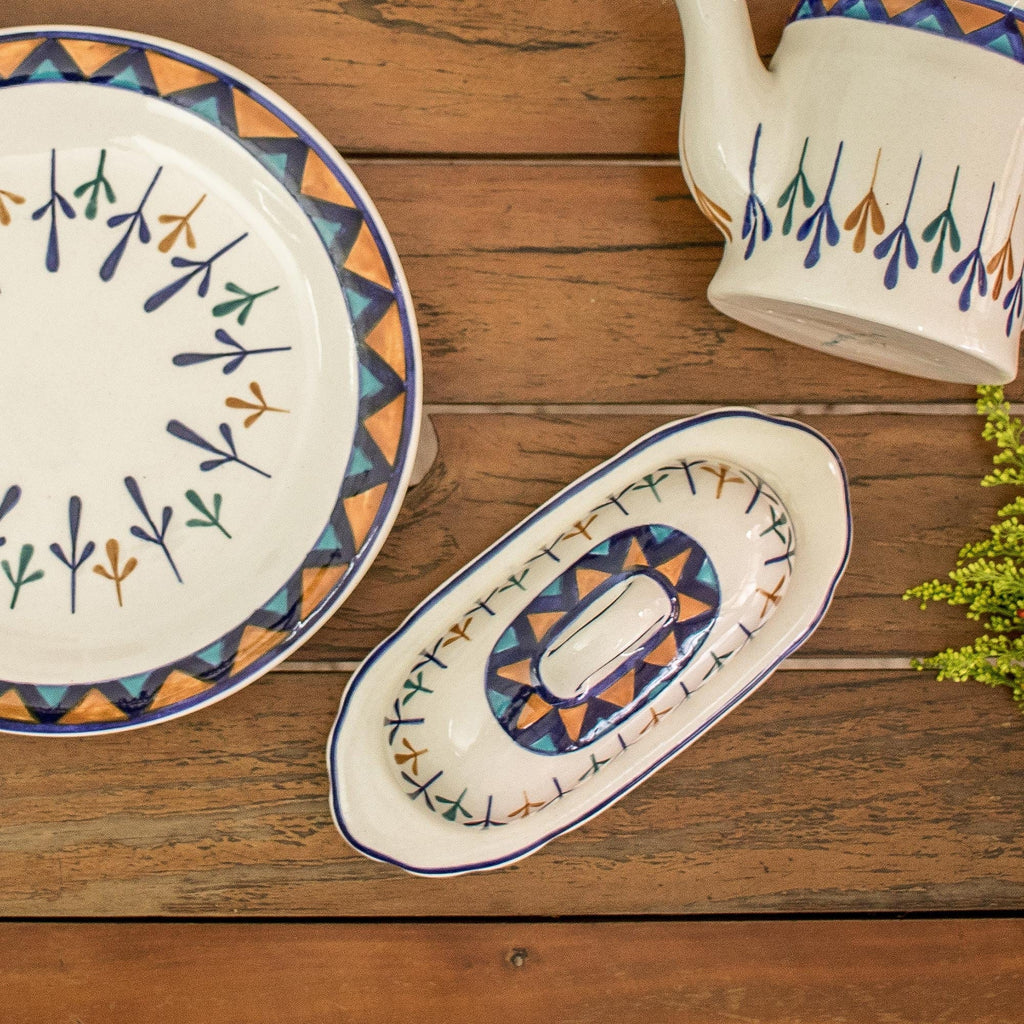 Ceramic Hand Painted Butter Dish with Geometric Design - Antigua Breeze